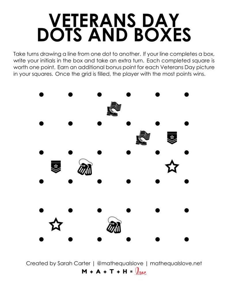 Veterans Day Dots and Boxes Game Printable PDF. 