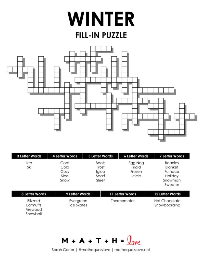 winter fill-in word puzzle - free printable pdf. 