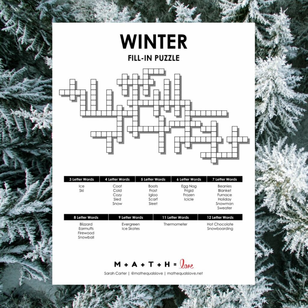 winter fill-in logic puzzle activity with snowy tree in background. 