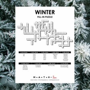 winter fill-in logic puzzle activity with snowy tree in background.