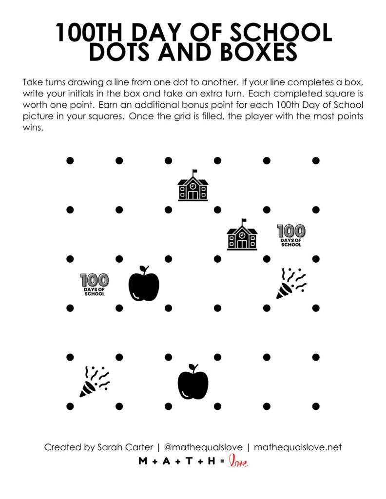 100th day of school dots and boxes game screenshot. 