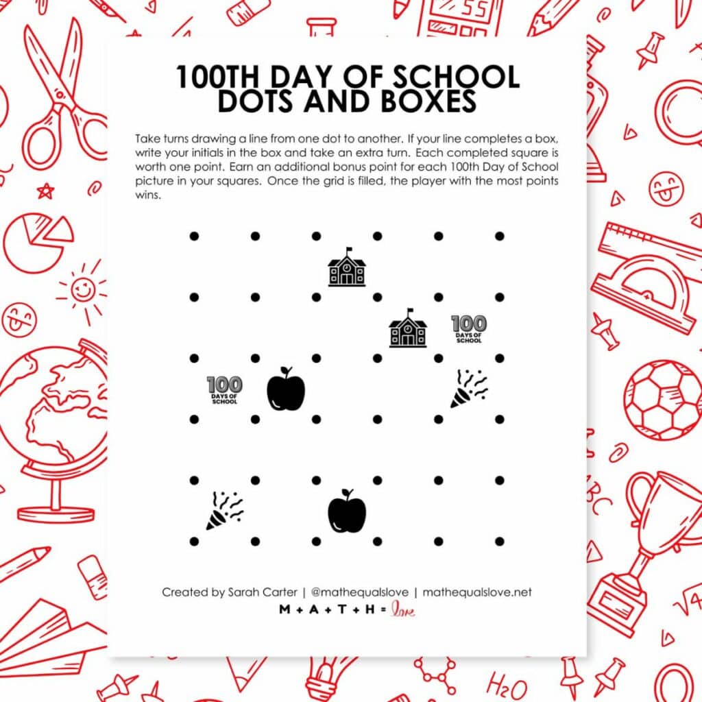 100th day of school dots and boxes game. 