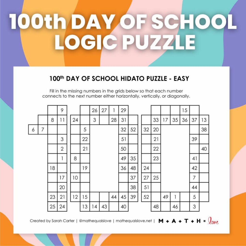 100th day of school hidato logic puzzle. 