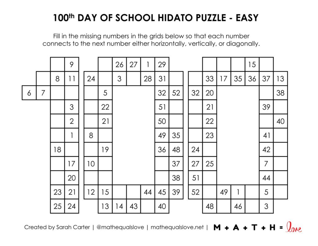 100th day of school hidato puzzle - level easy. 