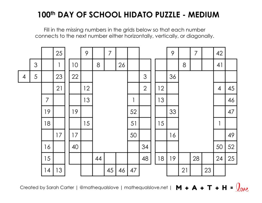 100th day of school hidato puzzle - level medium. 