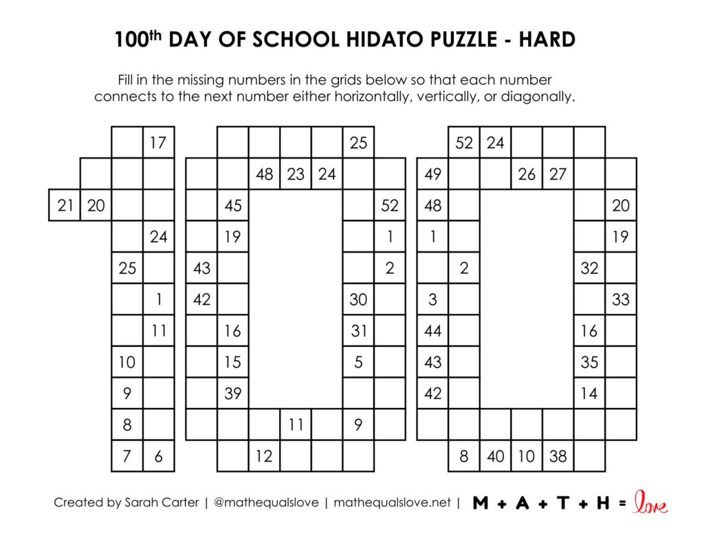 100th day of school hidato puzzle - level hard. 