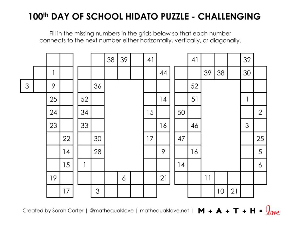 100th day of school hidato puzzle - level challenging. 