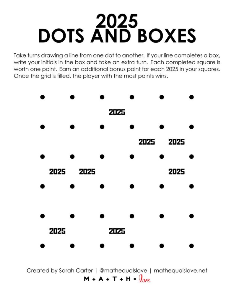 2025 dots and boxes game for new years. 