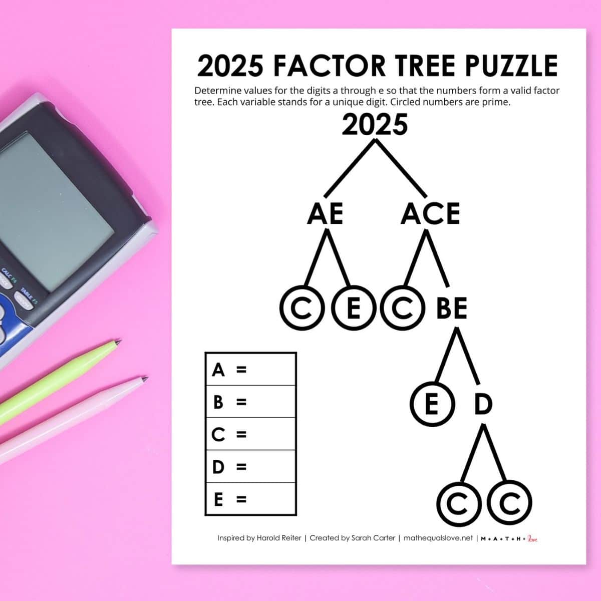 2025 Factor Tree Puzzle next to calculator and pencils.