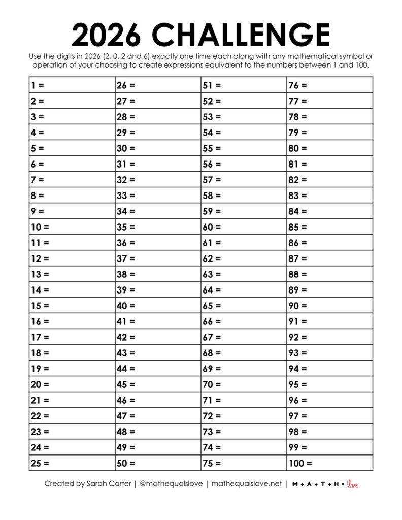 2026 yearly number challenge 1-100 sheet.