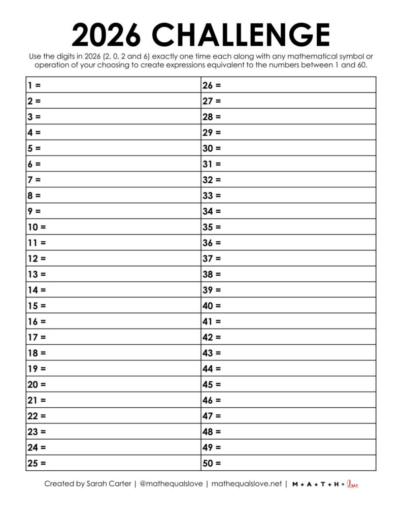 2026 yearly number challenge 1-50 sheet.