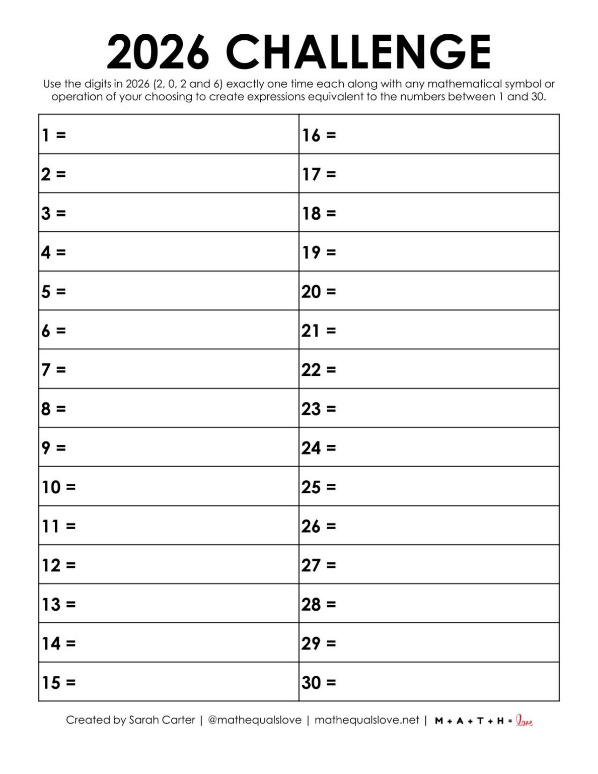 2026 Number Challenge [Free Printable PDF]