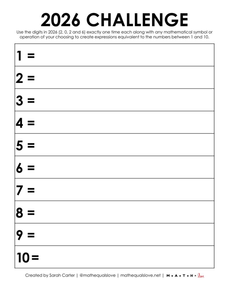 2026 yearly number challenge game sheet for 1-10.