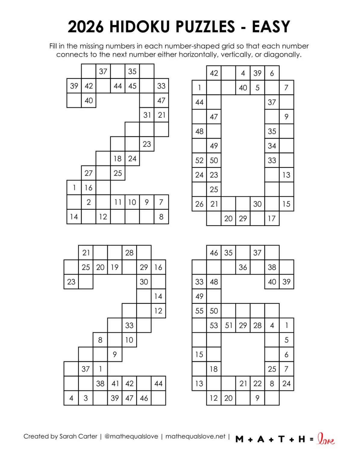 2026 Hidoku Logic Puzzles | Math = Love
