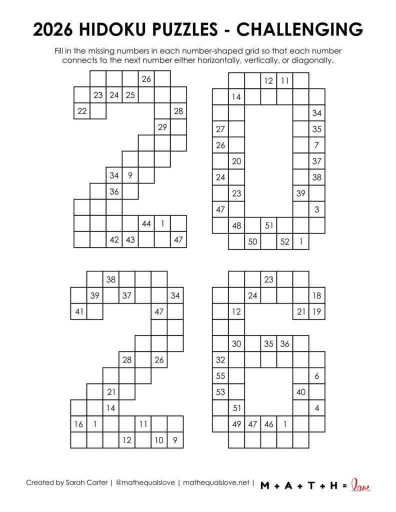 2026 hidoku logic puzzles for new years ( level challenging) 