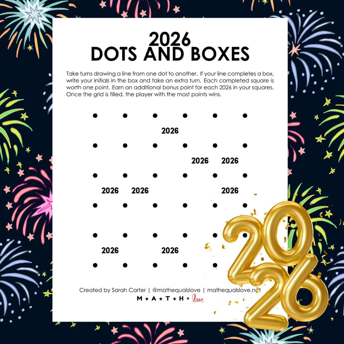2026 dots and boxes game for new years.