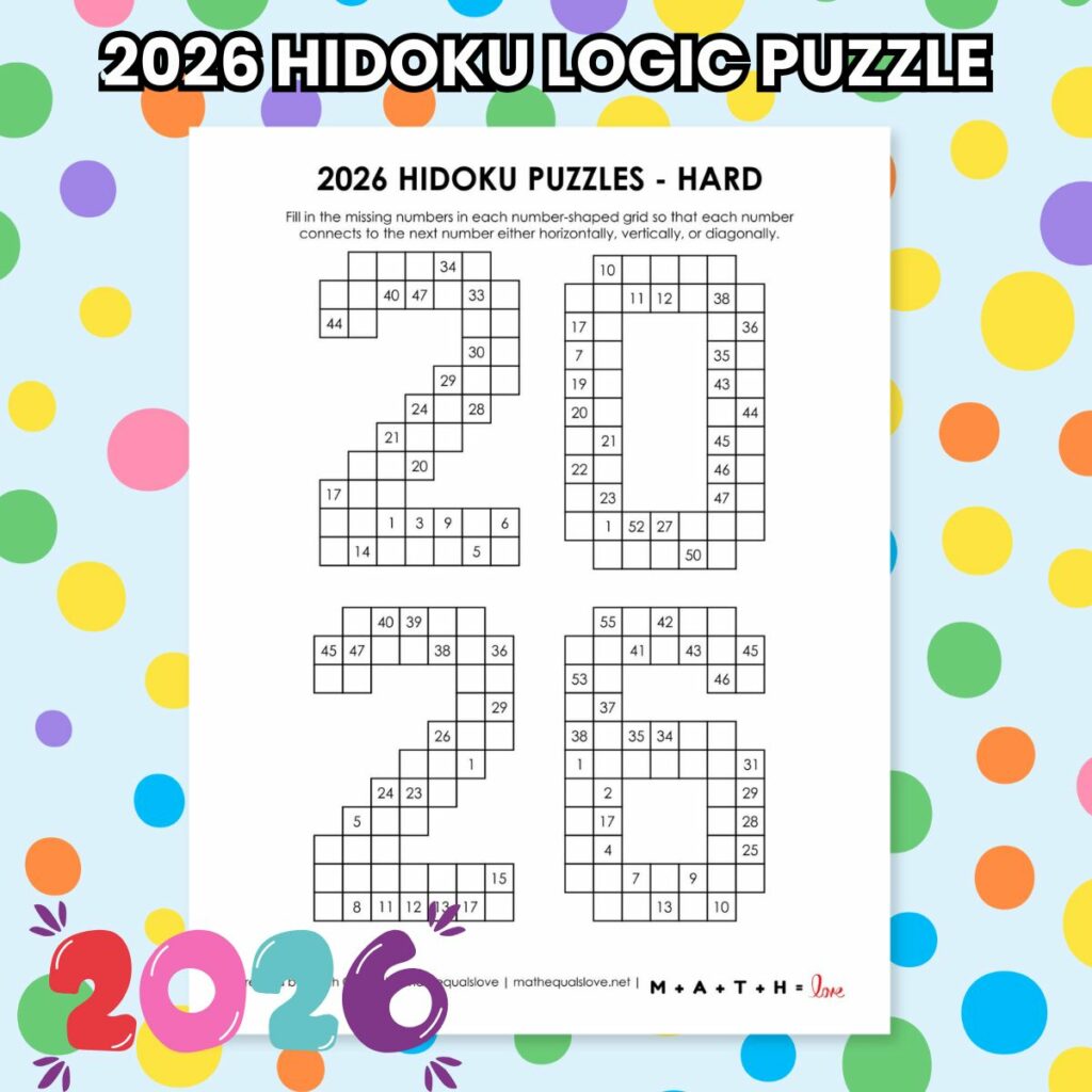 2026 hidoku logic puzzle free printable pdf for new years. 