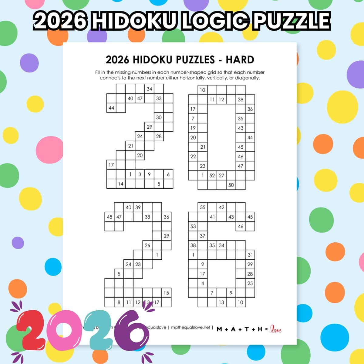 2026 hidoku logic puzzle free printable pdf for new years.