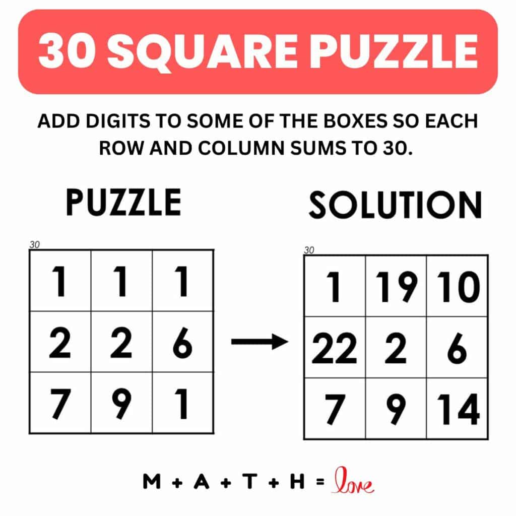 Instructions and Sample Puzzle for 30 Square Logic Puzzles. 