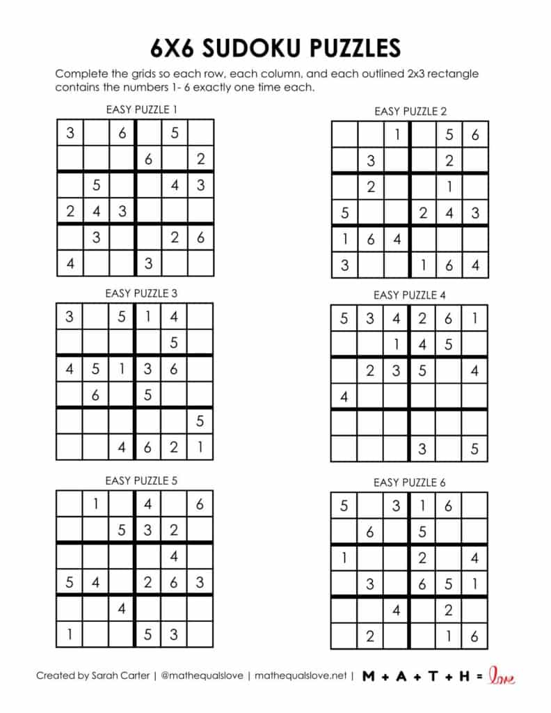 6x6 sudoku printable - easy level page 1