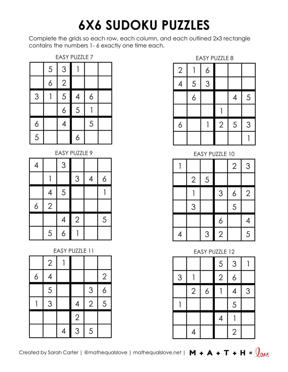 Beginner Sudoku 6x6 Printable Puzzles (PDF)