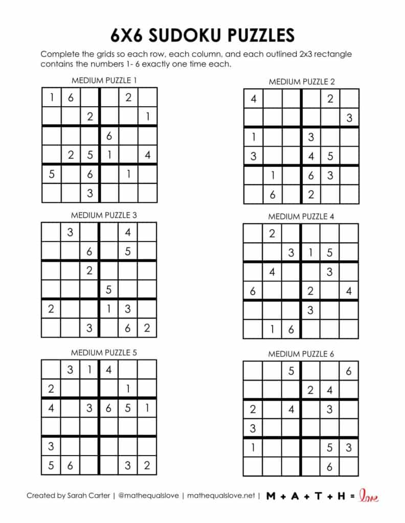 6x6 sudoku printable - medium level page 1