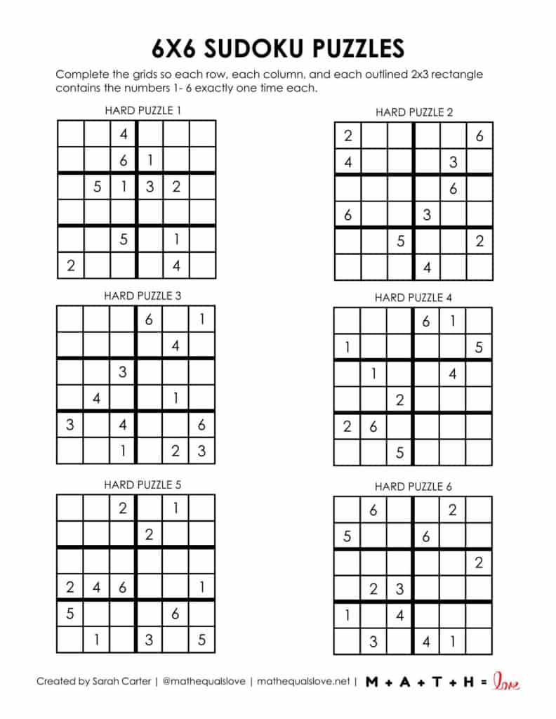 6x6 sudoku printable - hard level page 1