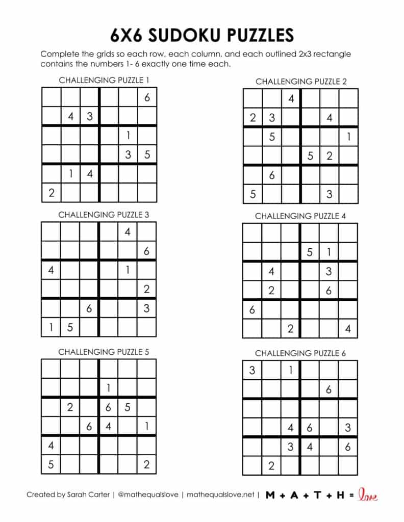 6x6 sudoku printable - challenging level page 1