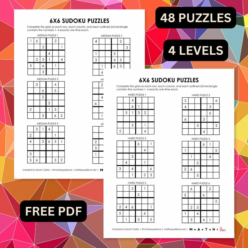 6x6 sudoku printables in 4 levels Free PDF with 48 sudoku puzzles. 