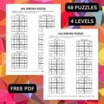 6x6 sudoku printables in 4 levels Free PDF with 48 sudoku puzzles.