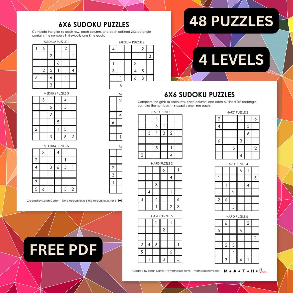 6x6 sudoku printables in 4 levels Free PDF with 48 sudoku puzzles.