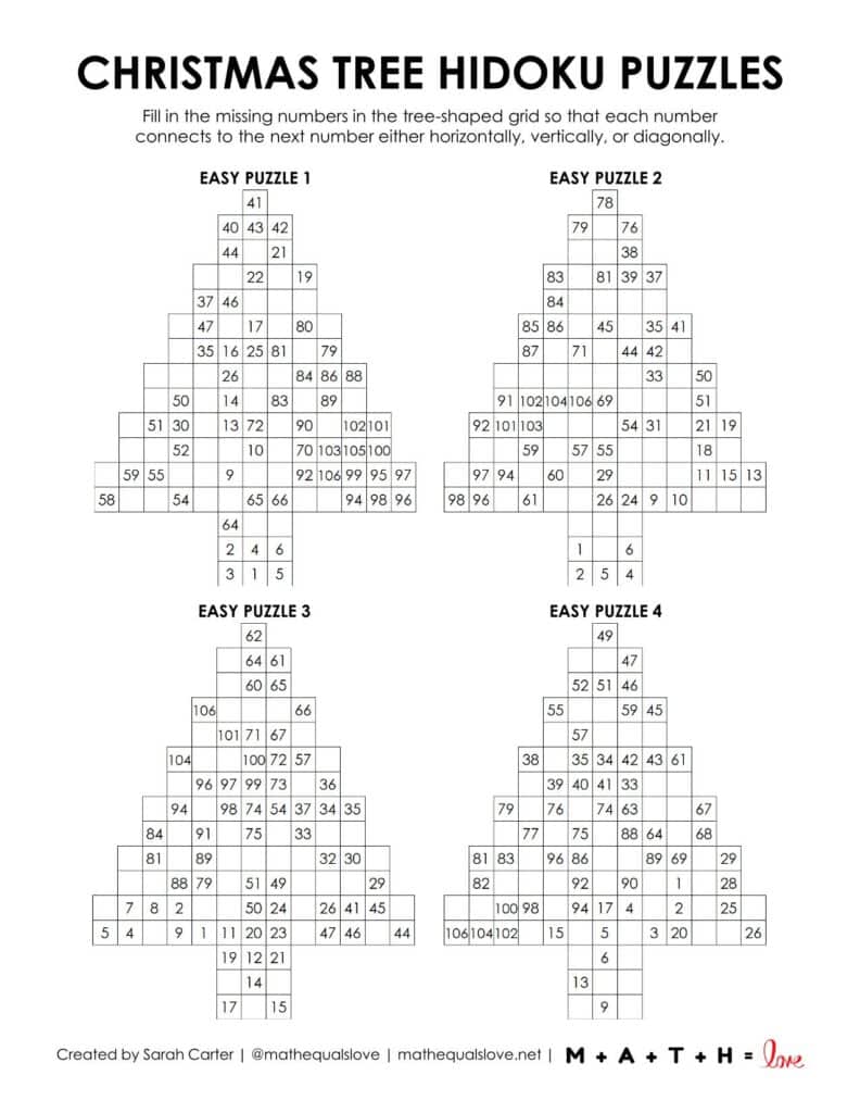 christmas tree hidoku puzzles level easy. 