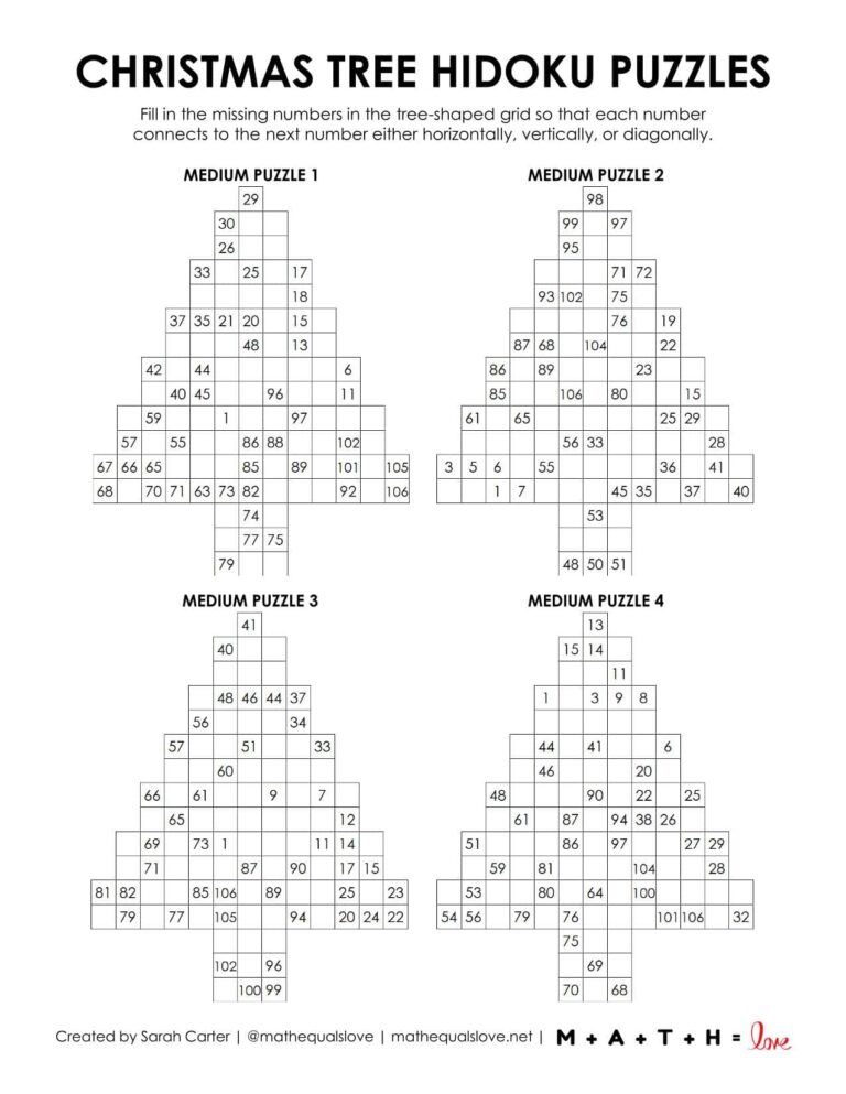 Christmas Tree Hidato Puzzles [Free Printable PDF]
