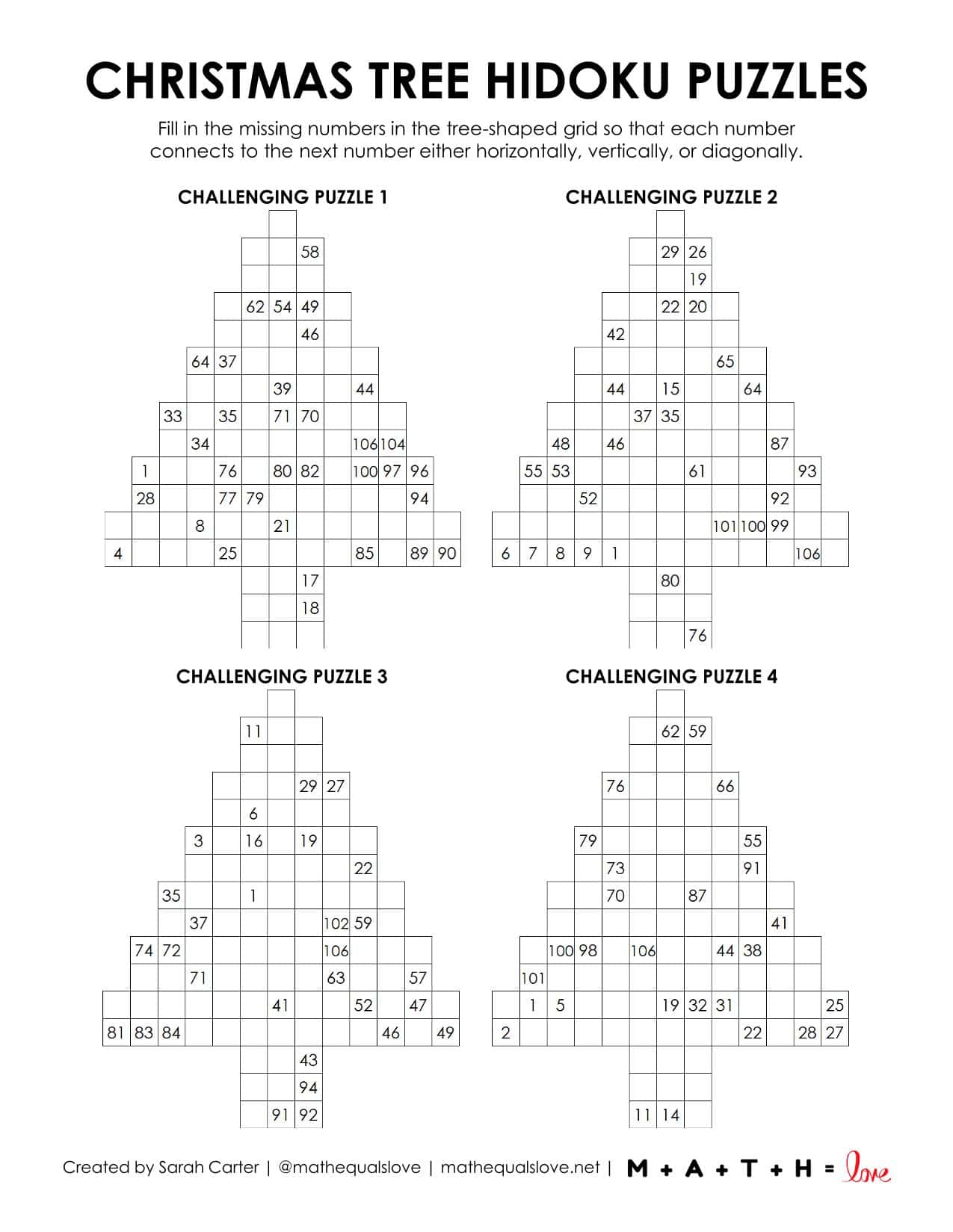 Christmas Tree Hidato Puzzles [Free Printable PDF]