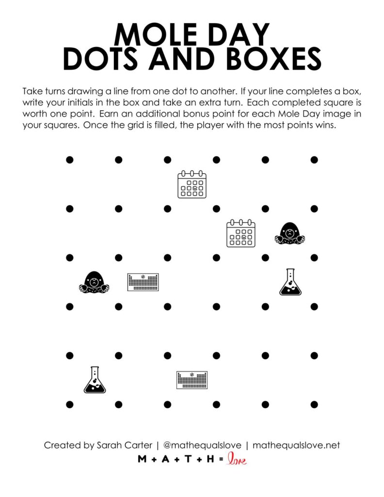 screenshot of mole day dots and boxes game. 