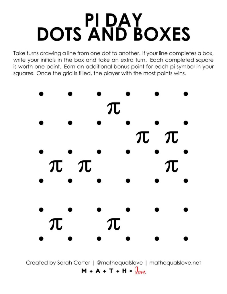 pi day dots and boxes game screenshot. 