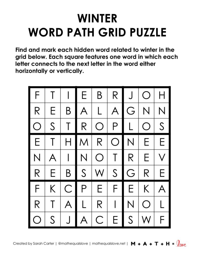 winter word path grid puzzle. 