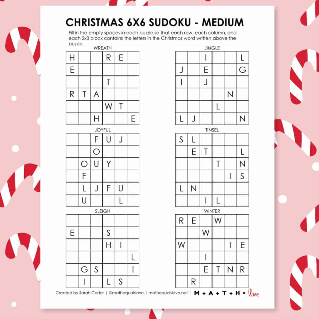 christmas sudoku 6x6 puzzles with words. 