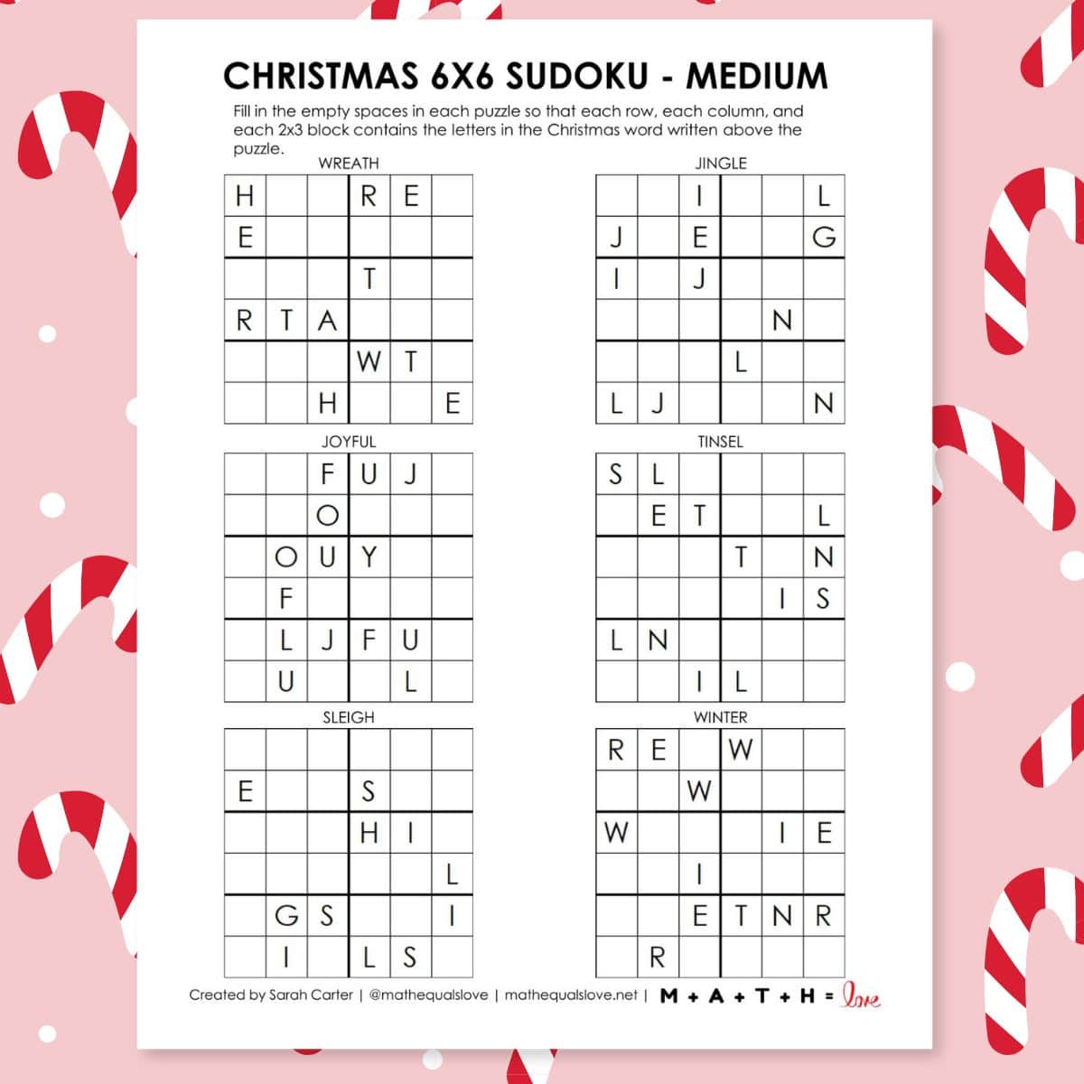 christmas sudoku 6x6 puzzles with words.