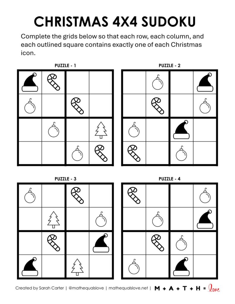 Christmas 4x4 Sudoku PDF Page 1 