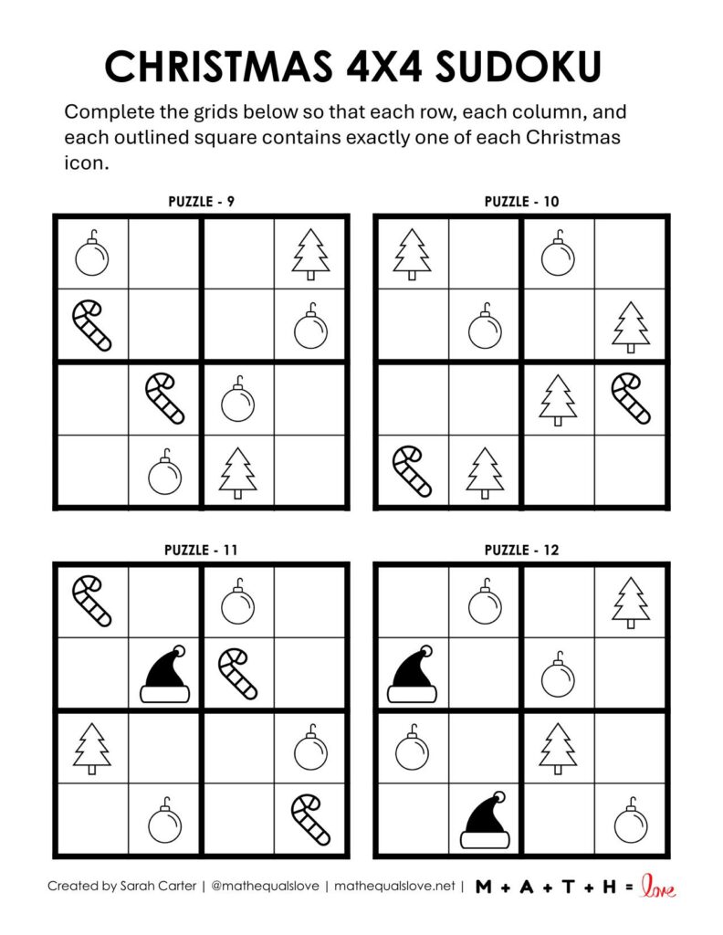 Easy Christmas Sudoku for Kids 4x4 Page 3. 