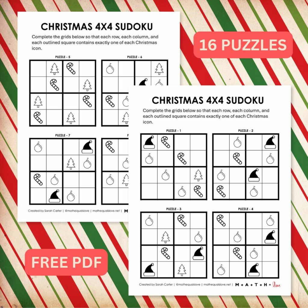 Christmas Sudoku for Kids 4 x 4 with Pictures. 16 puzzles. 