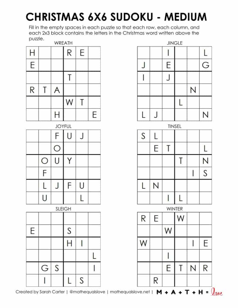 Medium Level Christmas Sudoku 6x6 Puzzles with words. 