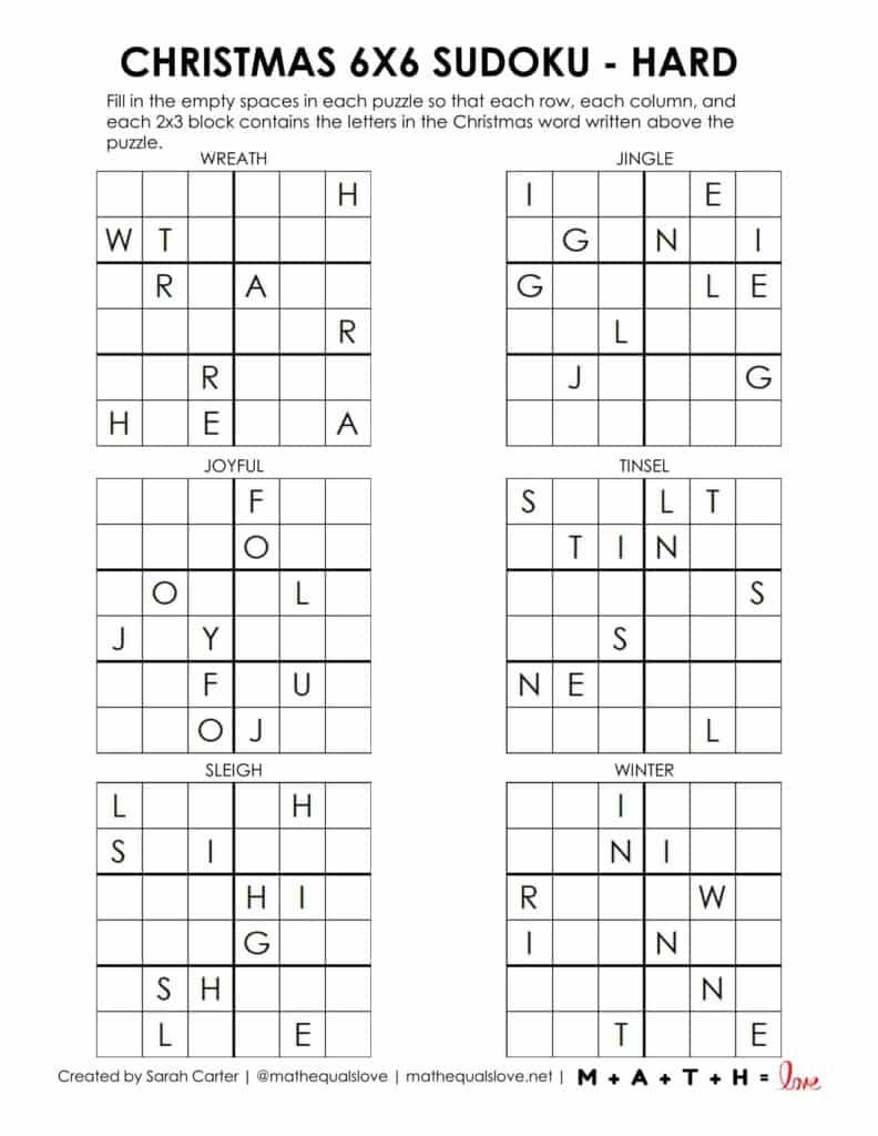 Hard level of 6x6 Christmas Sudoku word puzzles. 