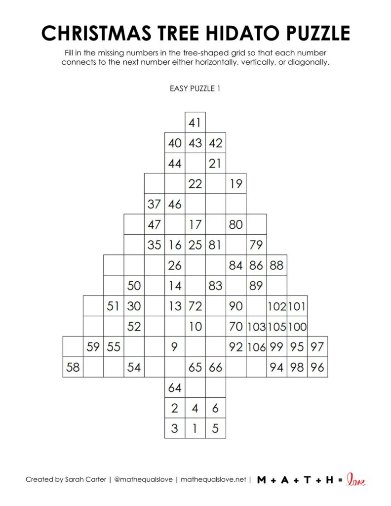 Christmas Tree Hidato Puzzle - Free Printable PDF. 