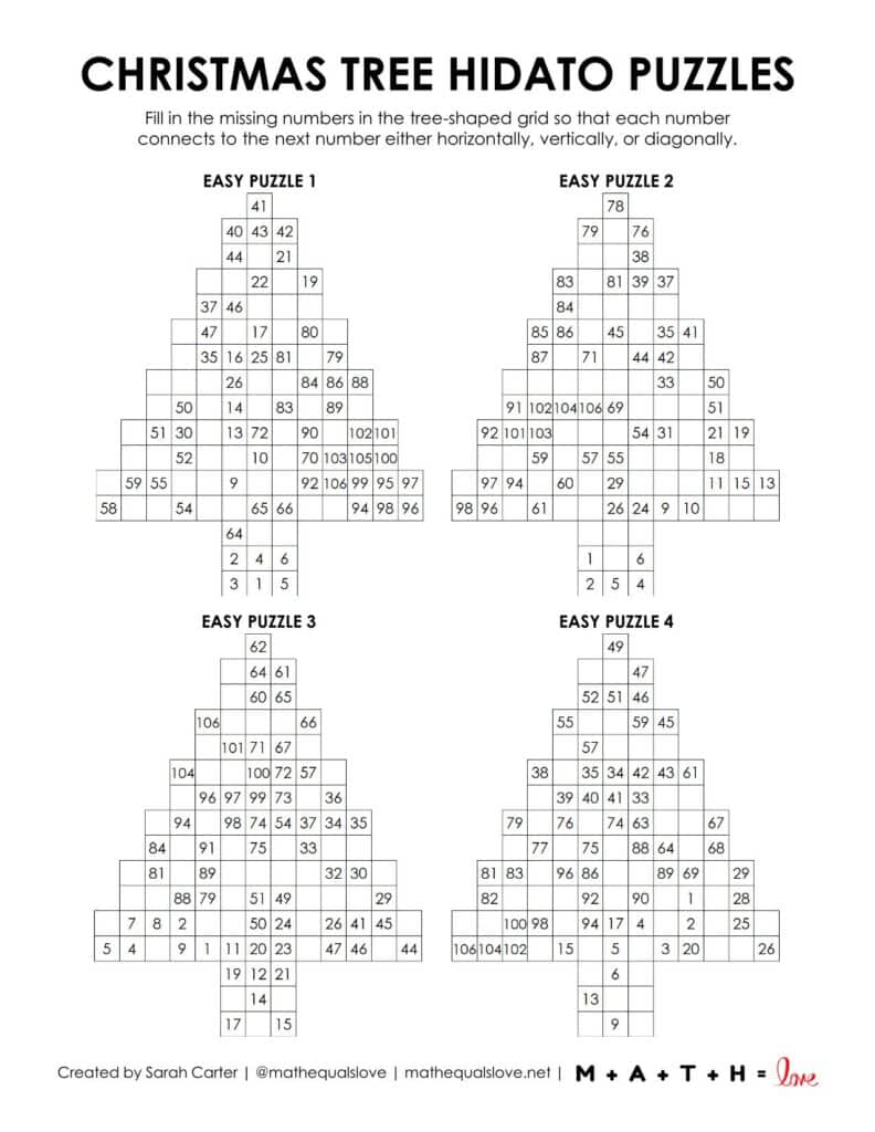 Christmas Tree Hidato Puzzles - Level Easy Printable PDF. 