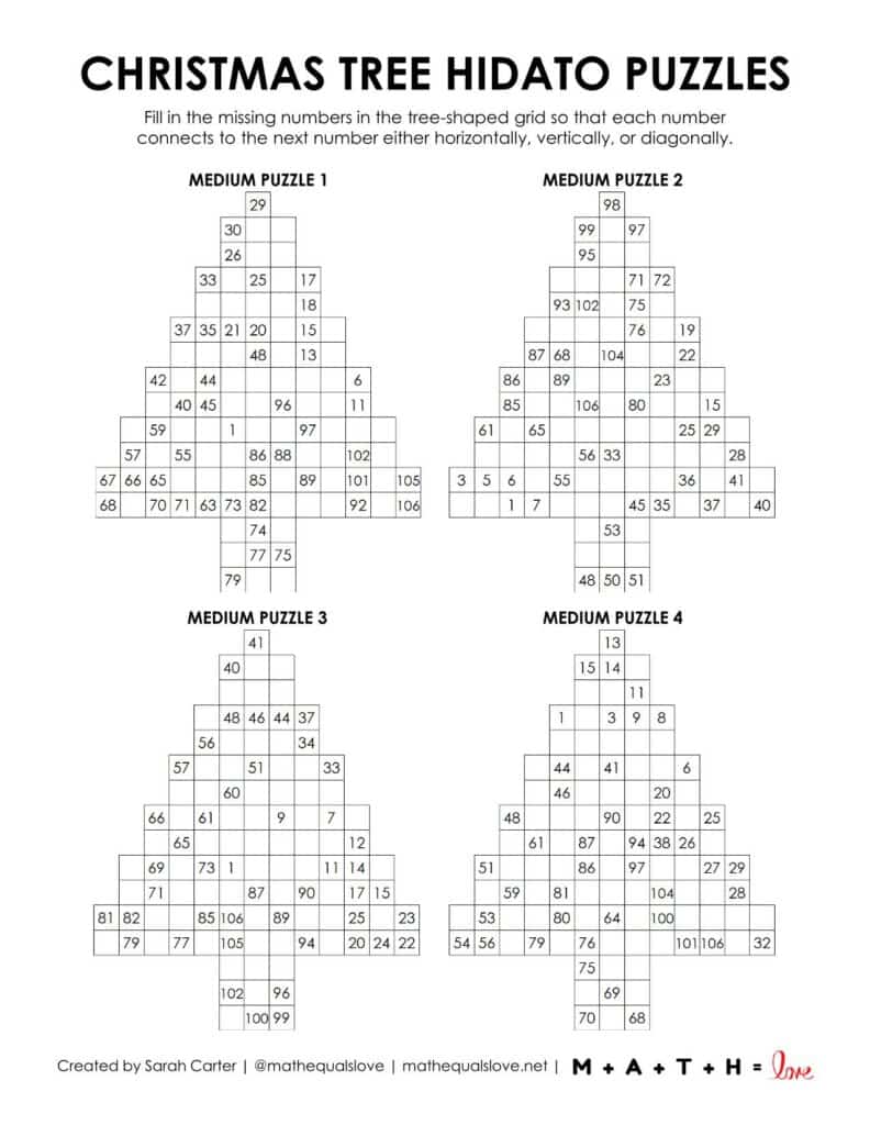 Christmas Tree Hidato Puzzles Level Medium - Printable PDF. 