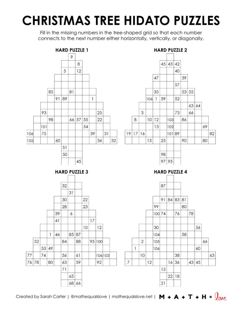 Christmas Tree Hidato Puzzles Level Hard - Printable PDF. 