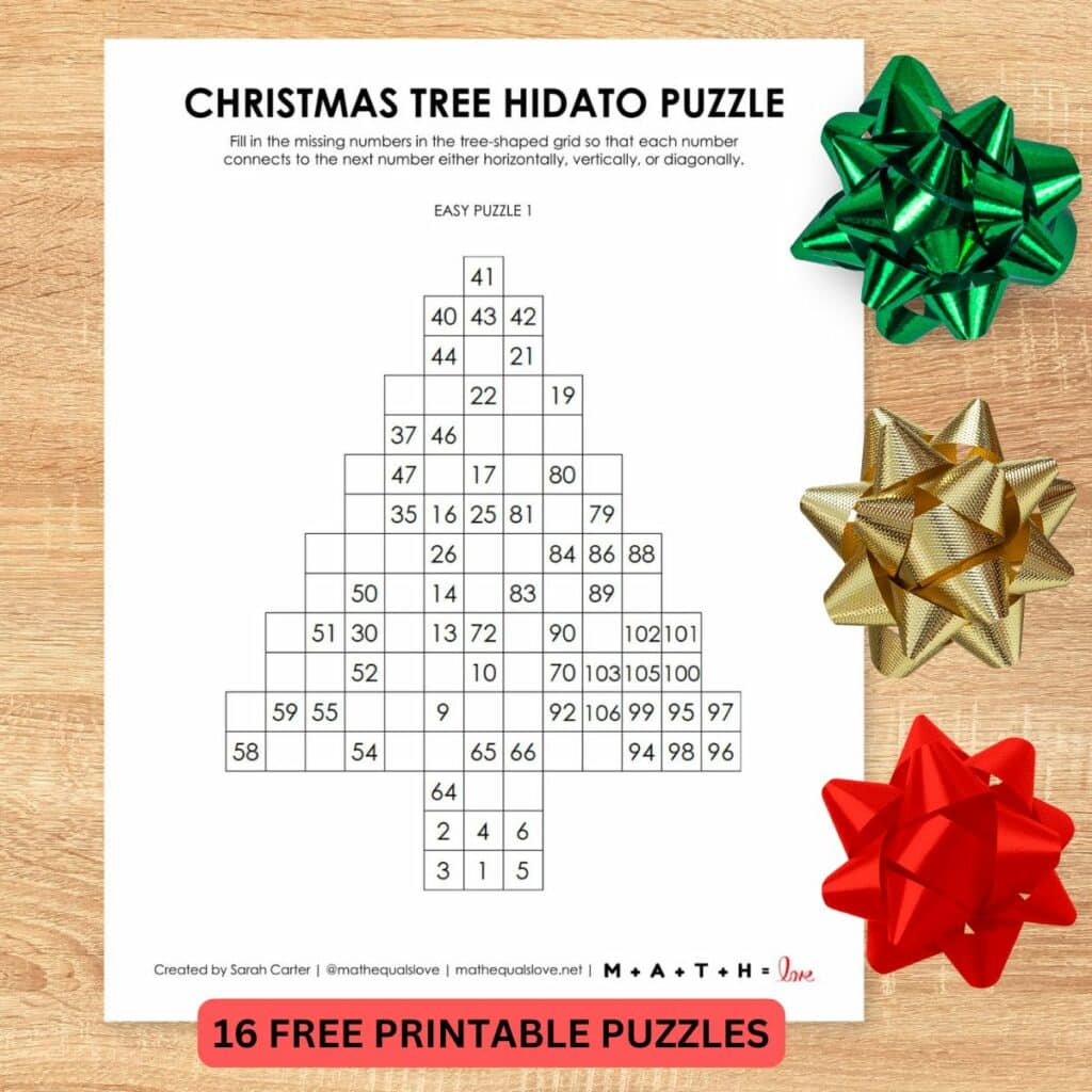 Christmas tree hidato puzzles with gift bows on side of picture. 
