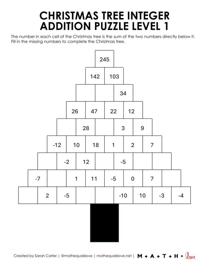 Christmas Tree Integer Addition Puzzle Level 1